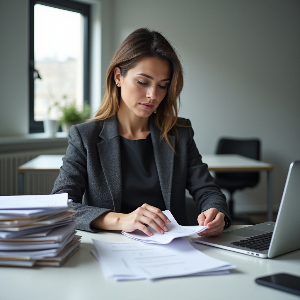 Office-Managerin sortiert Reisebelege am Schreibtisch