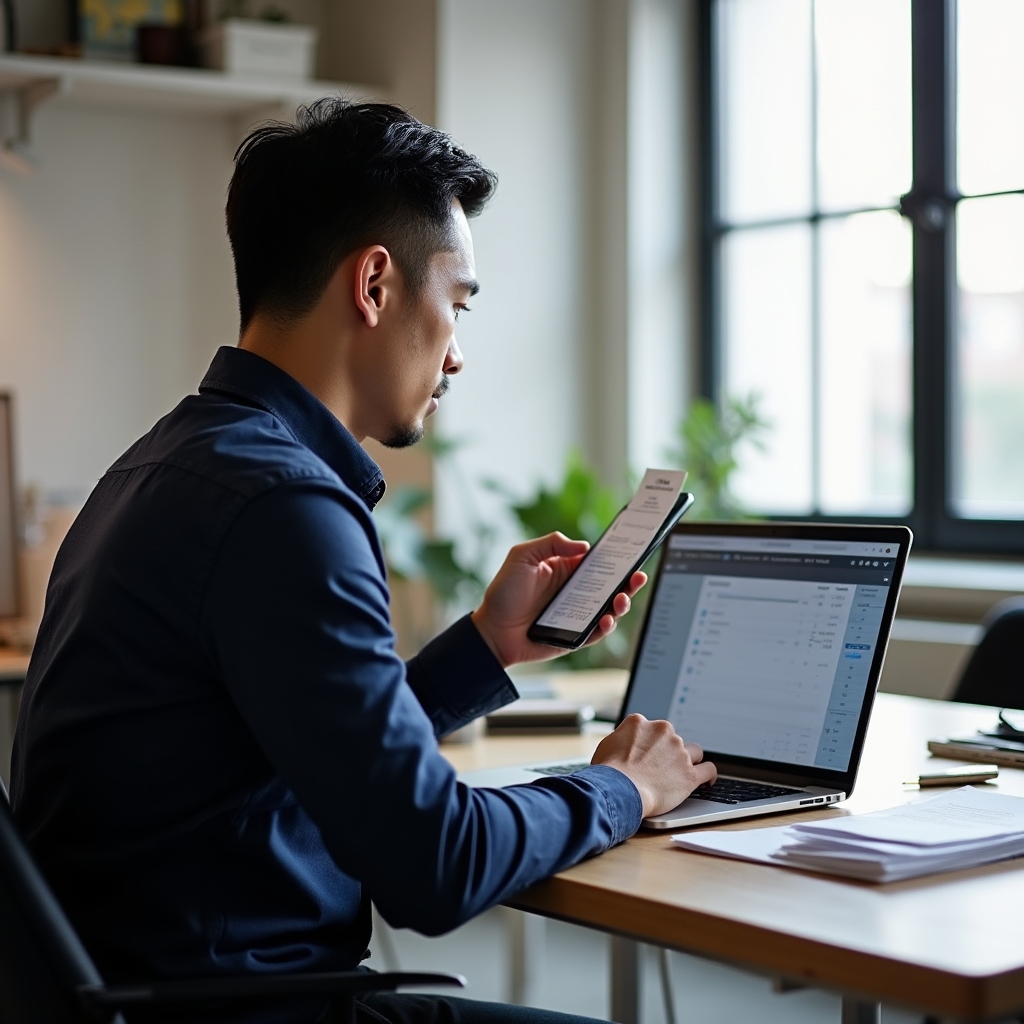 Sachbearbeiter erfasst Reisebelege digital am Laptop