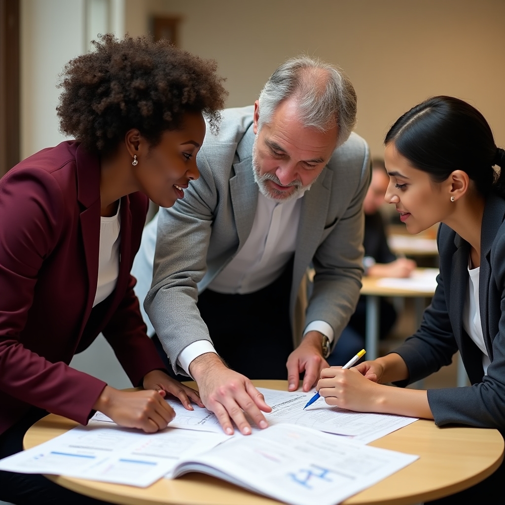 Gruppenarbeit bei Reisekostenseminar mit Arbeitsunterlagen